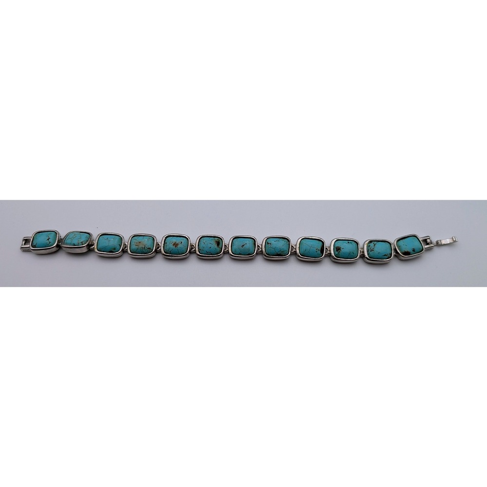 Silver Tone Faux Turquoise Square Link Bracelet Southwestern Boho 8.25 Inch